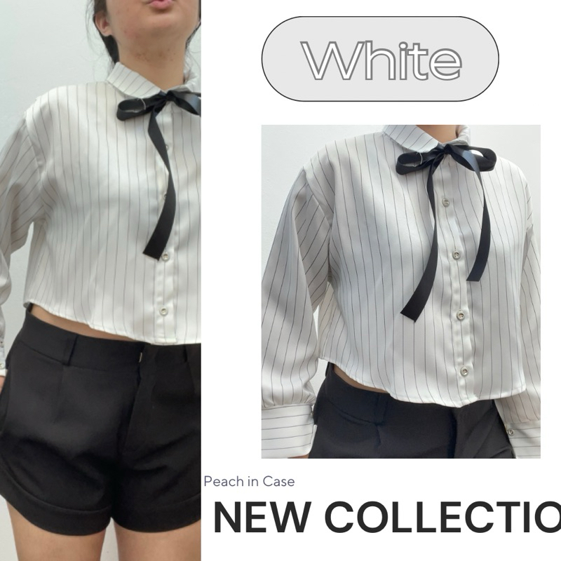 เสื้อเชิ้ตครอปมีผูกโบว์ริบบิ้น ขาวดำ แขนยาว พร้อมส่งจากไทย