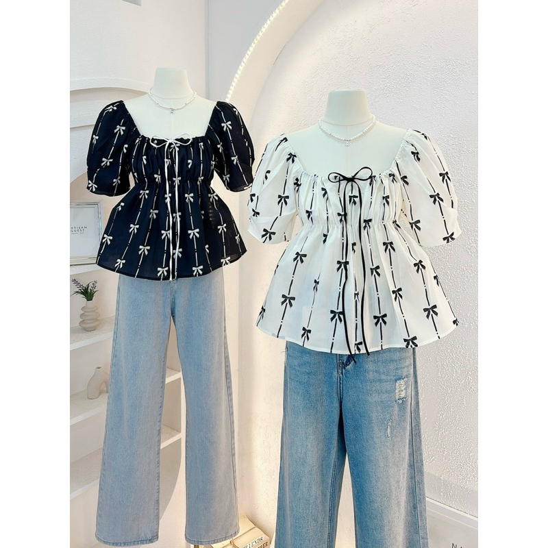 NN522 เสื้อลายโบว์ ผูกโบว์อก งานนำเข้า