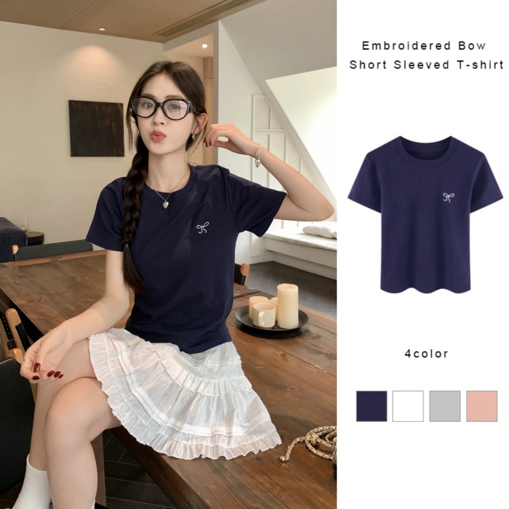 จัดส่งทันที เสื้อยืดผู้หญิง สีพื้น แบบปักลาย สไตล์ลำลอง LIVE