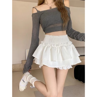 กระโปรง 2 ชั้น กระโปรงกางเกง 2 ชั้น กระโปรงสั้นผู้หญิง สไตล์เกาหลี เอวยางยืด มีซับในกางเกง สีดำ สีขาว