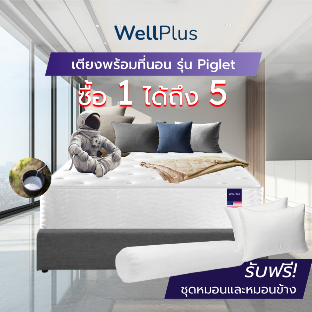 Wellplus เตียงพร้อมที่นอน รุ่น Piglet ซื้อ 1 ได้ถึง 5 ที่นอนสามารถเลือกได้ ยางพารา&สปริง แถมฟรีหมอนใย 2 ใบ หมอนข้าง1