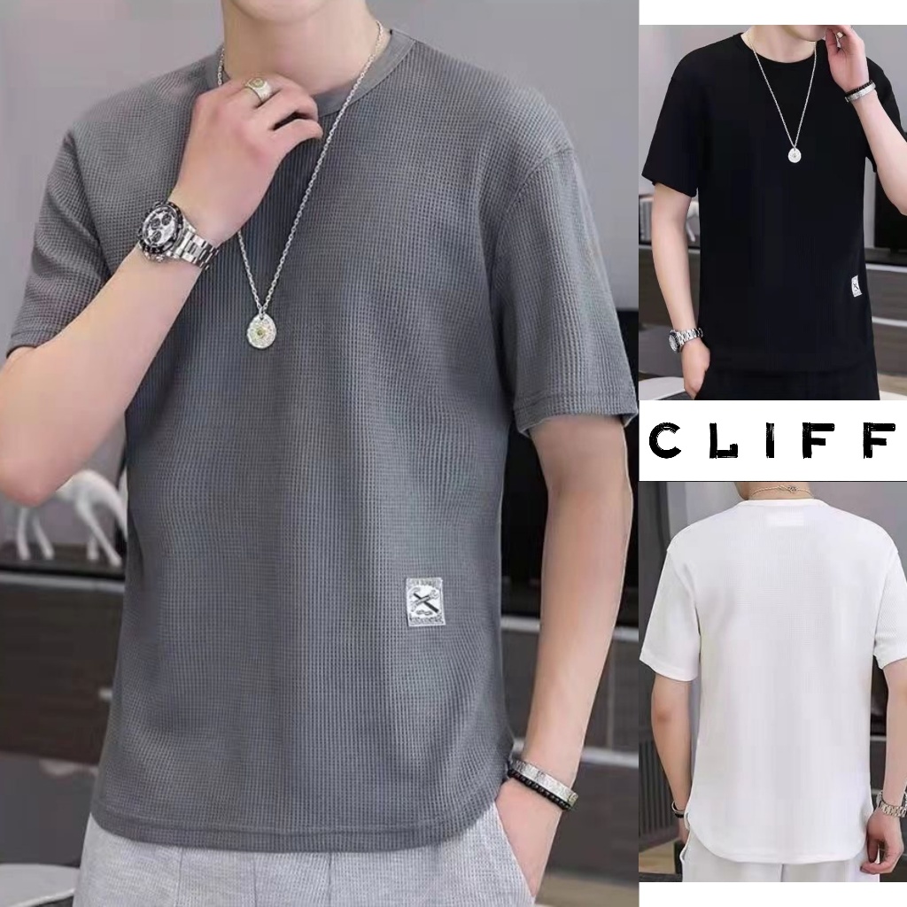 CLIFF เสื้อยืดผู้ชาย คอกลมแขนสั้น ชายเสื้อโค้ง สไตล์สปอร์ต ลำลอง แมทช์ลุคง่าย