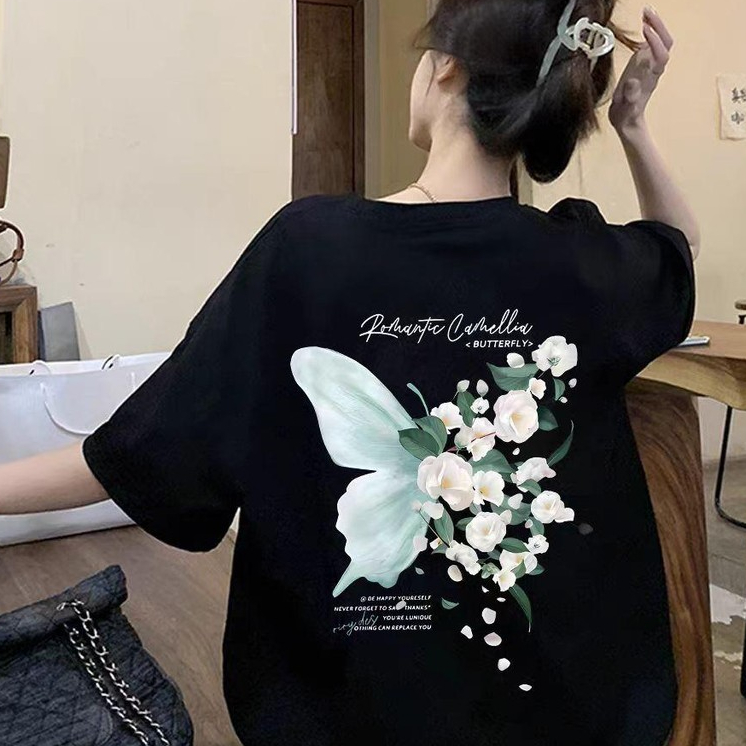 Basi เสื้อยืด oversize unisex สกรีนหน้าหลัง ลาย "RONANTIA-DB" ผีเสื้อ ดอกไม้ คอตตอน100% ใส่สบาย สไตล์เกาหลี มินิมอล