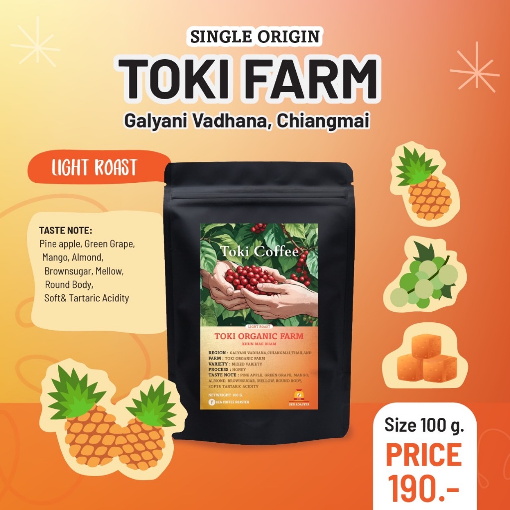 เมล็ดกาแฟคั่วอ่อน Toki Honey Process Toki Organic Farm