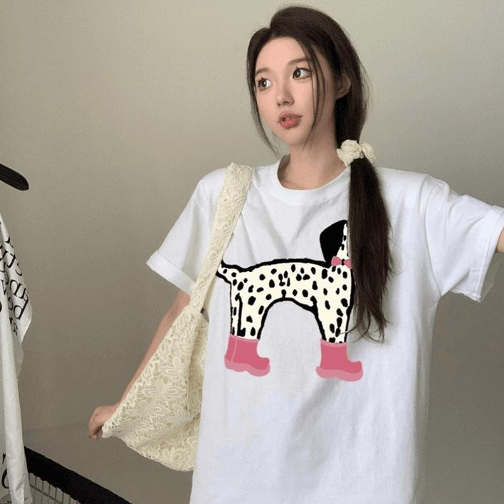 YOU-T 【พร้อมส่ง】เสื้อยืดผู้หญิง ผ้าฝ้าย 100% เสื้อคอกลม ไม่จำเป็นต้องรีดผ้า ไม่มีริ้วรอย ไม่หดตัว พิมพ์ "สุนัข"