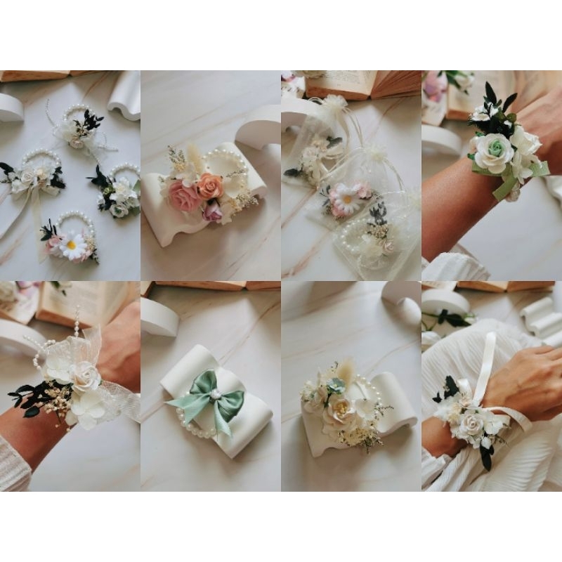 Memoryofflower ข้อมือเพื่อนเจ้าสาวมุก ตกแต่งดอกไม้ กำไลมุกยืดได้⭐ฟรีถุงผ้าใส่แยกชิ้น