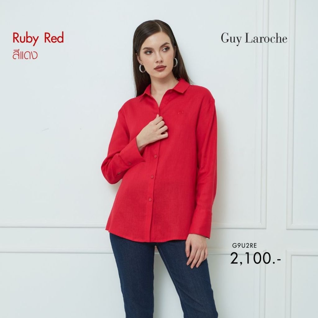 Guy laroche เสื้อตรุษจีน เสื้อเชิ๊ตผู้หญิง Light Linen แขนยาว สีแดง G9U2RE