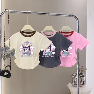 Beryl kids🌸เสื้อคอกลมแขนสั้นเด็ก🎀เสื้อยืดพิมพ์ลายการ์ตูนคุโรมิ สไตล์เกาหลี ลำลอง เสื้อจับจีบน่ารัก ใส่สบาย ฤดูร้อน