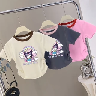 Beryl kids🌸เสื้อคอกลมแขนสั้นเด็ก🎀เสื้อยืดพิมพ์ลายการ์ตูนคุโรมิ สไตล์เกาหลี ลำลอง เสื้อจับจีบน่ารัก ใส่สบาย ฤดูร้อน