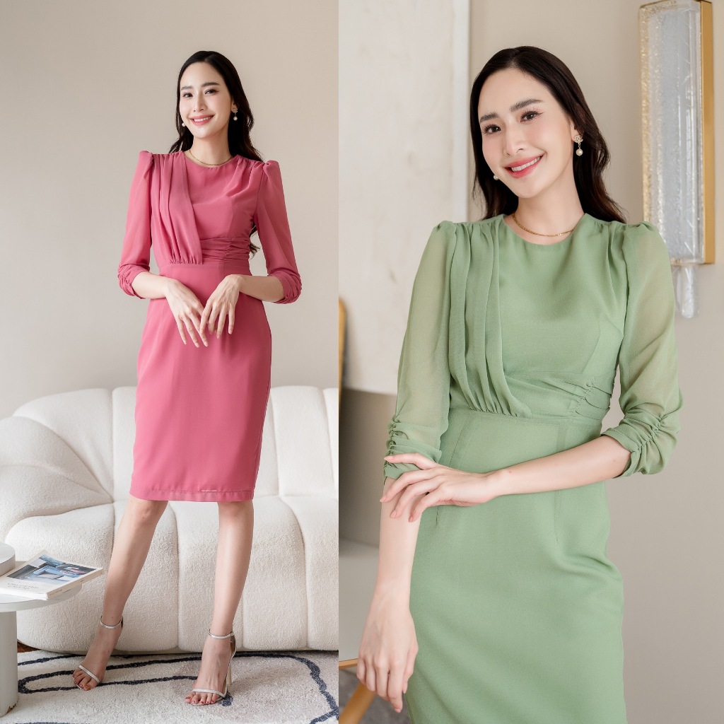 PD276 Chiffon Dress เดรสผ้าชีฟอง คอกลม แขนสี่ส่วน กระโปรงเข้ารูปทรงสอบ