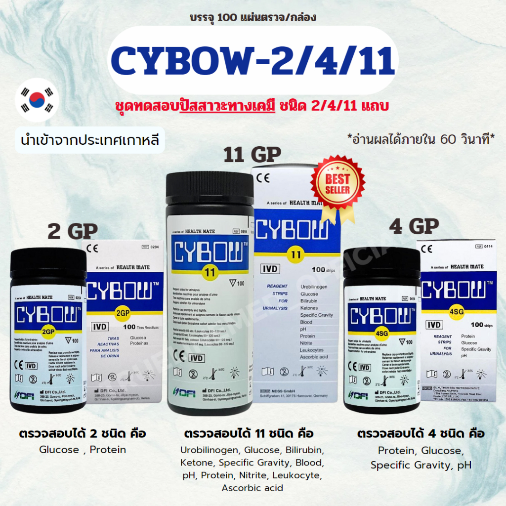 CYBOW ชุดทดสอบปัสสาวะทางเคมี มีให้เลือก 3 แบบ (ชนิด 2/4/11 แถบ) 2GP /4SG /11 Urine reagent strip