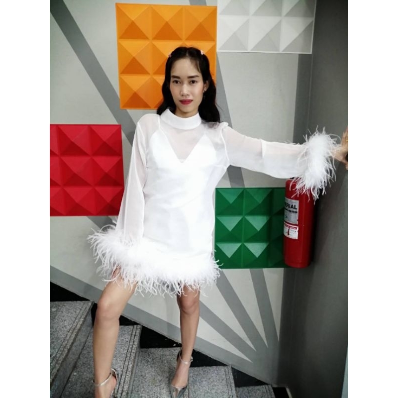 ชุดเดรสแขนยาว ผ้าไหมชีฟองแต่งขนนกมีซับแยก (2ชิ้น) ชุดขนนก เสื้อผ้า​ผู้​หญิง​ เดรสขนนก ตัดเย็บ​ใน​ไทย​hipaholic​เท