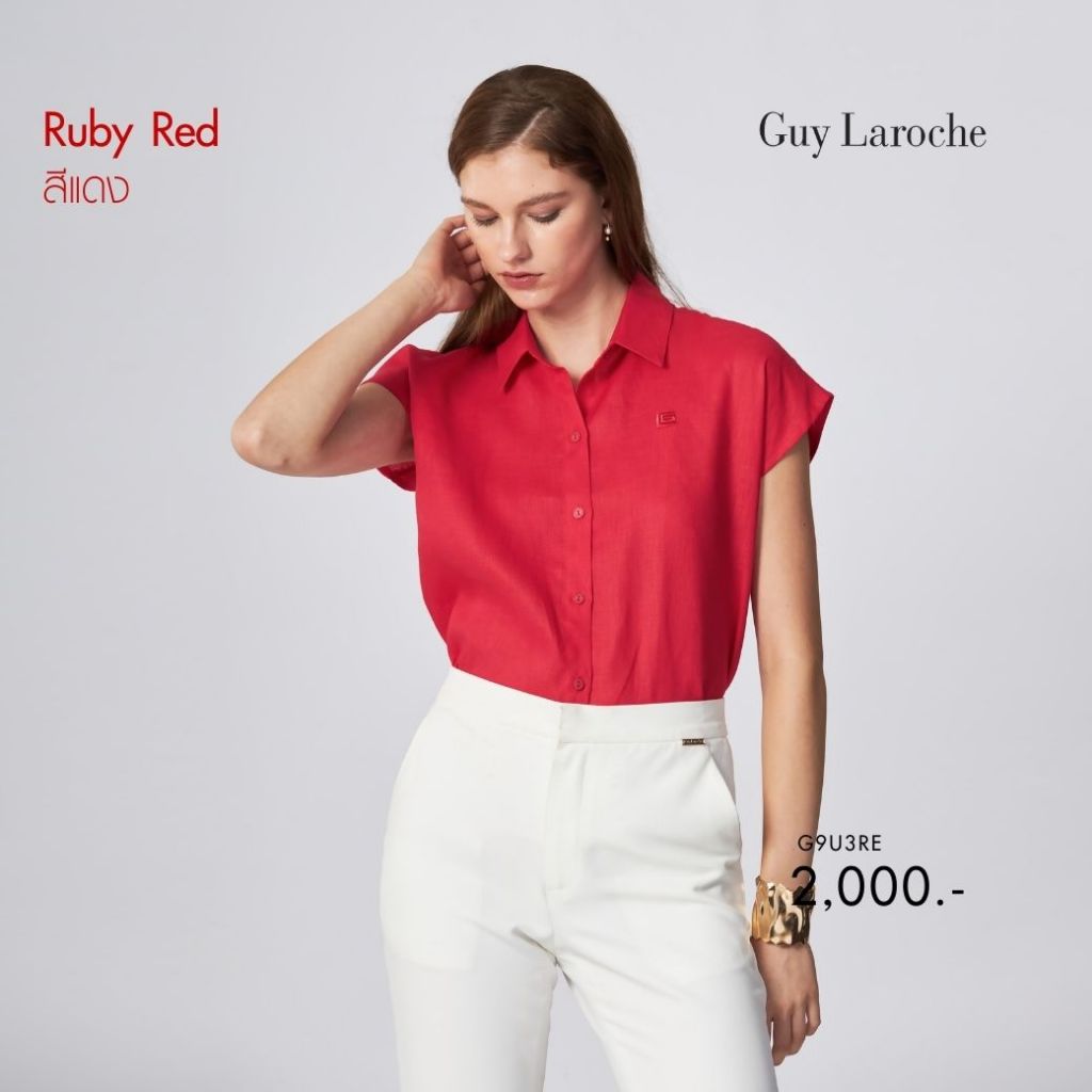 Guy laroche เสื้อเชิ้ตผู้หญิง Light Linen แขนล้ำ สีแดง G9U3RE