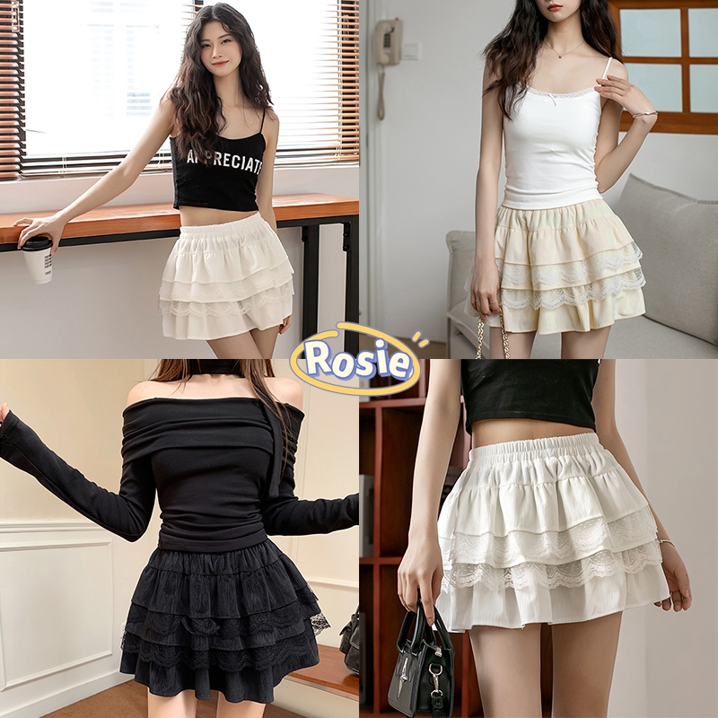 Rosie พร้อมส่ง💗กระโปรงลูกไม้ผู้หญิง🥨กระโปรงสั้น บัลเล่ต์ skirt มีซักใน เอวสม๊อก แต่งระบาย ใส่ไปทะเล ไปคาเฟ่ กำลังฮิตๆ