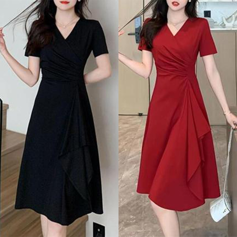M-4XL 3 สี ชุดรัดตัวสไตล์คลาสสิกฝรั่งเศส ดีไซน์คอวี รอยต่อไม่สม่ำเสมอ ความหรูหรา ความสง่างามและเสน่ห์ ทำให้ดูผอม