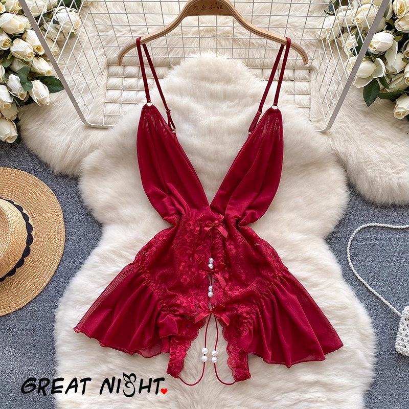 🌟Great Night🌟สีแดง เดรสลูกไม้ ชุดนอนเซ็กซี่ ตกแต่งโบว์ ชุดนอนไม่นอน สายสะพายไหล่ปรับได้ ส่งไวจากไทย