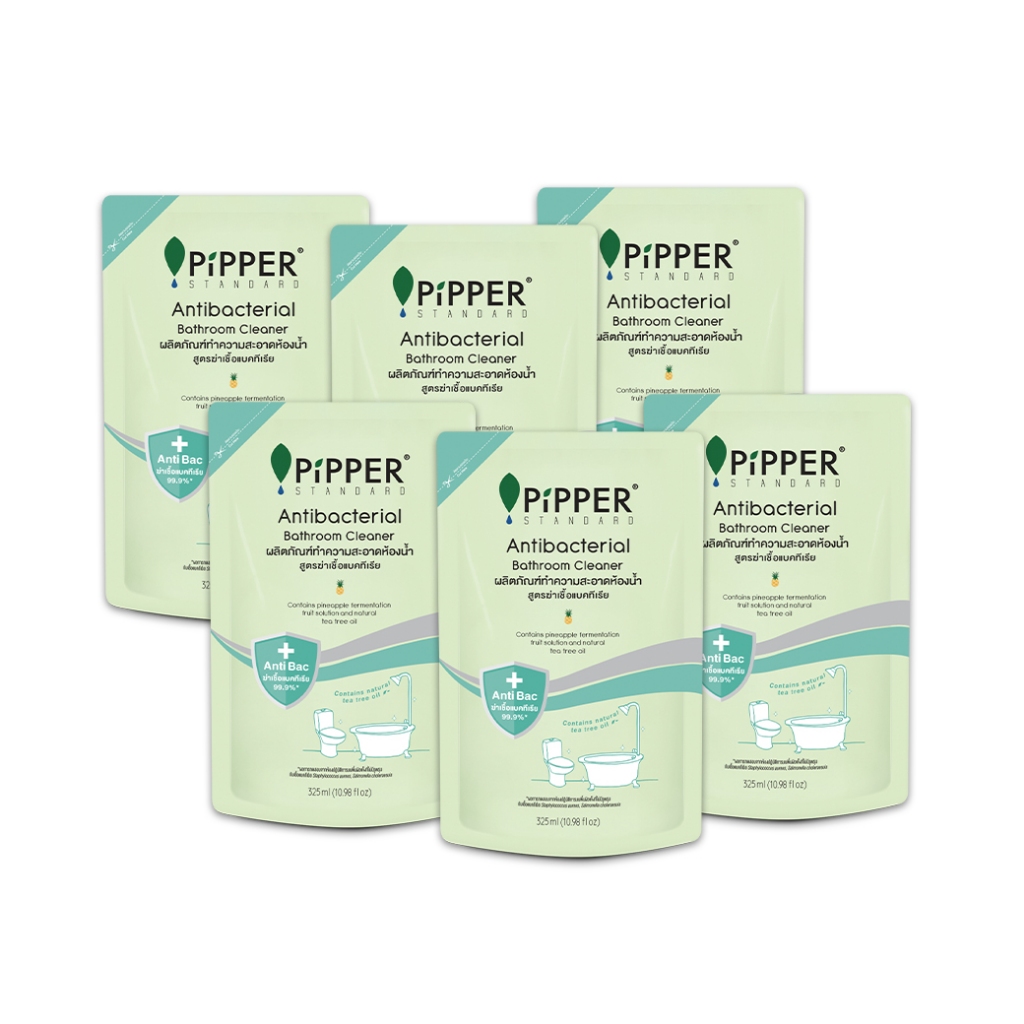 Pipper Standard ผลิตภัณฑ์ทำความสะอาดสุขภัณฑ์และห้องน้ำ สูตรแอนตี้แบคทีเรีย ขนาด 325 มล. 6 ถุง