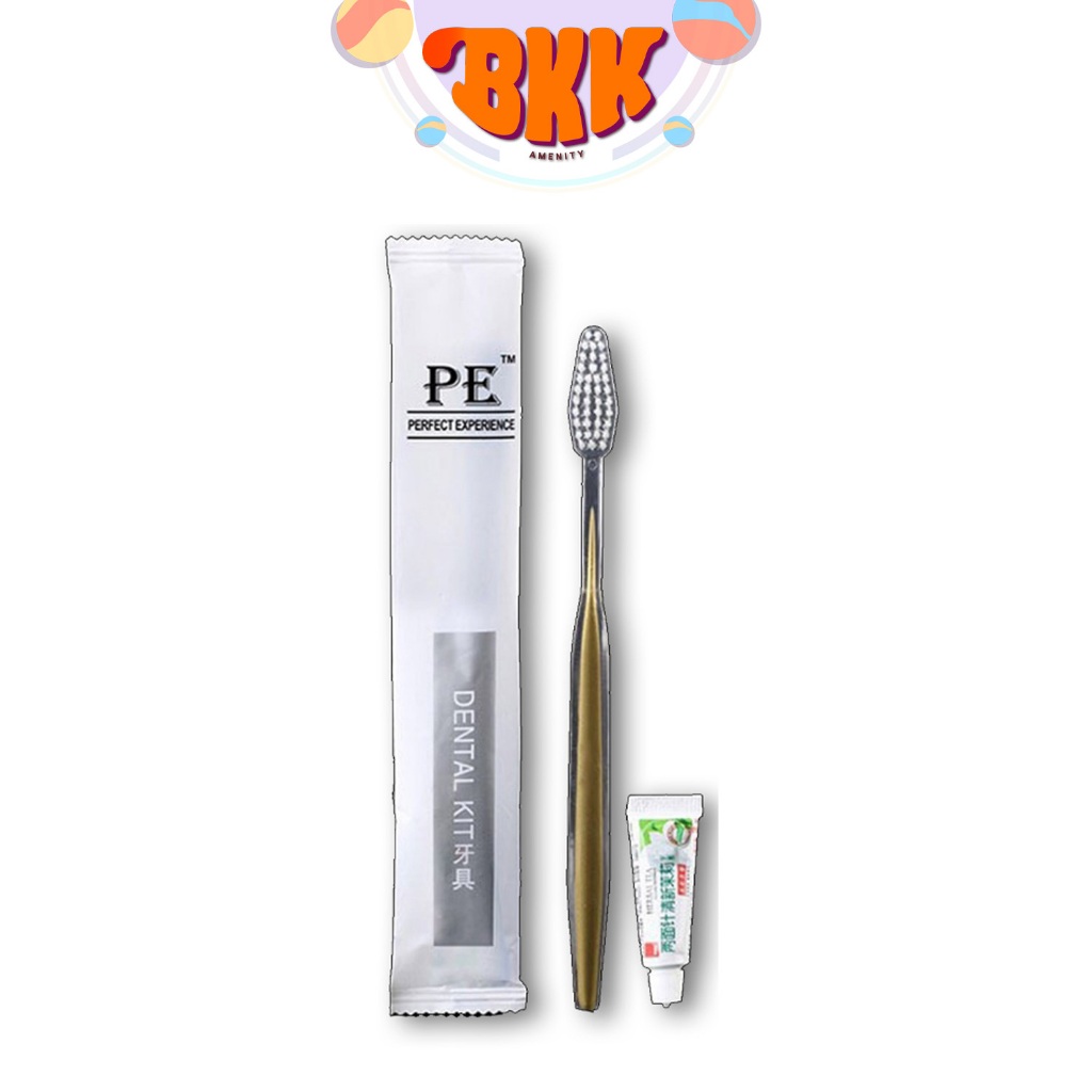 แปรงสีฟัน แปรงสีฟันพกพา แปรงสีฟันโรงแรม ด้ามสีทอง PE พร้อมยาสีฟัน [ 50,100 / แพ็ค ]