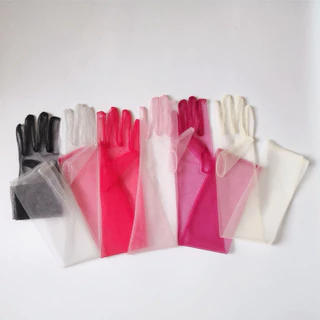 ถุงมือผ้าโปร่งสีขาวประดับด้วยไข่มุกสีขาว สำหรับเจ้าสาว พร้อมส่ง