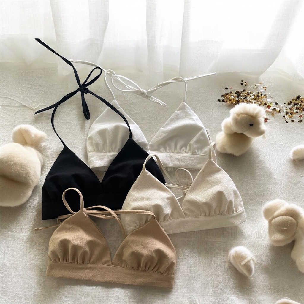 บราคล้องคอ สีพื้น มินิมอล งานผ้าฝ้ายฟอกนุ่ม สาวๆ อก30-38 ใส่ได้