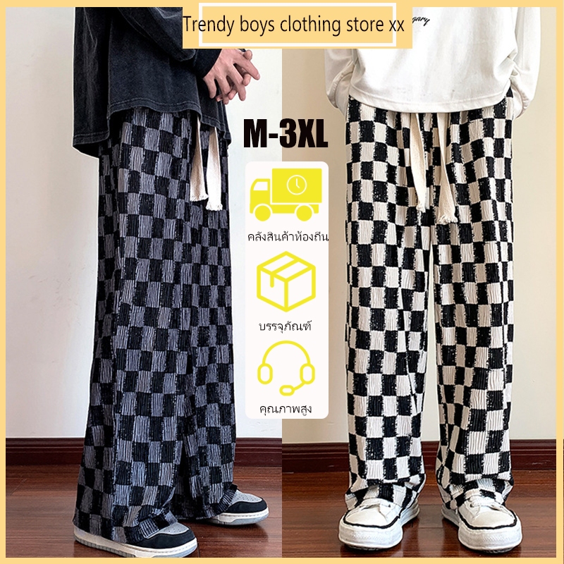 กางเกงขากว้างลายสก๊อตขาวดำ กางเกงขายาวทรงตรง เวอร์ชั่นเกาหลีของเทรนด์กางเกงลำลอง เชือกผูกเอว ลําลอง