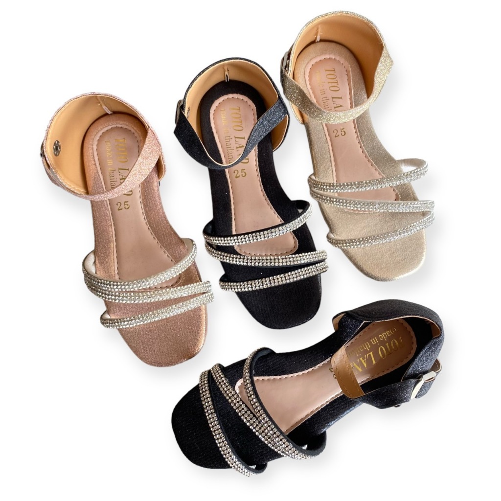 รองเท้าเด็ก Mdb-100 รองเท้าแตะรัดส้น สายเพชร เปิดหน้าเท้า (Size 25-36) เพิ่ม 1-2 ไซส์ รองเท้าคุณหนู รองเท้าพาเหรด