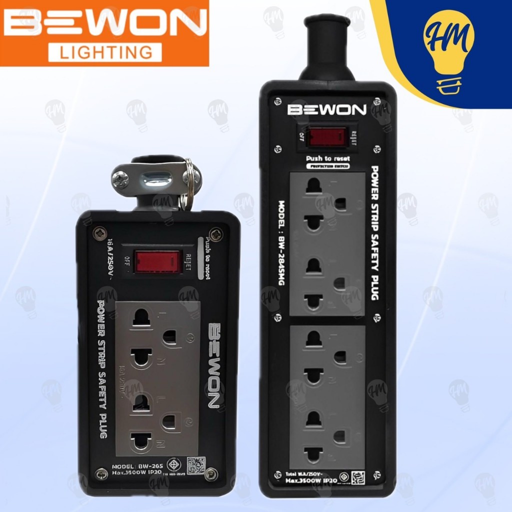 Bewon ปลั๊กไฟ บล็อคยาง สีเทา พร้อมปล๊กกราวด์คู่+สวิตซ์รีเซ็ต  2X6 , 2x8