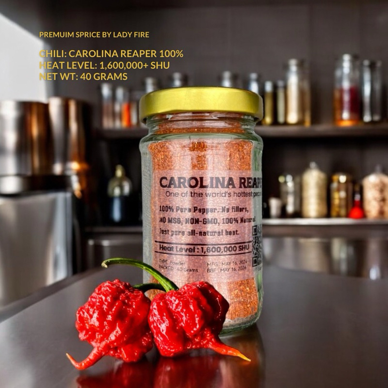 พริกผง แคโรไลนา รีพเปอร์ 100% ขนาด 40G. พริกที่เผ็ดร้อนที่สุดในโลก 2,200,000SHU