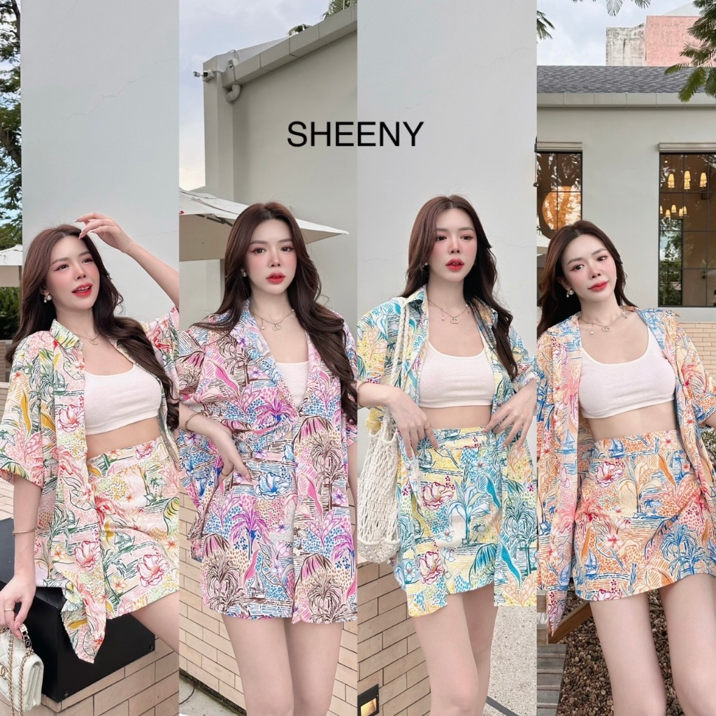 FEELING BOAT SET :ชุดเซ็ทกระโปรงสั้น 2 ชิ้น เสื้อโอเวอร์ไซส์ ชุดเซ็ทลายดอกไม้ ไปทะเล งานสาวอวบ กระโปรงสั้น ป้าย Sheeny.