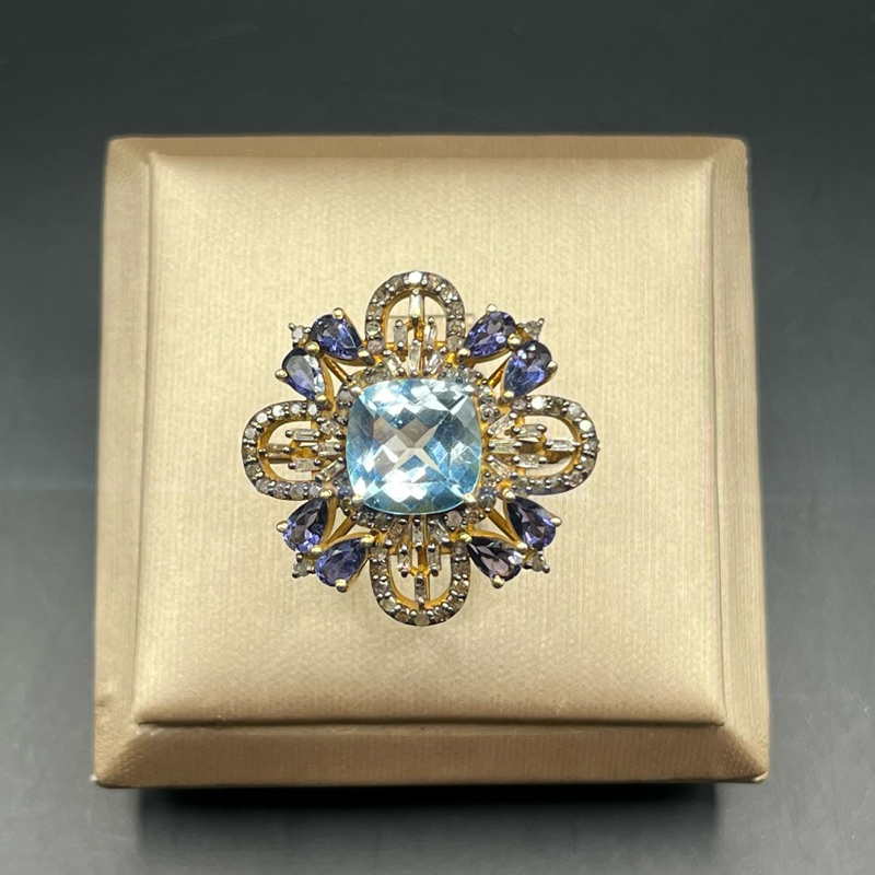 แหวนเพชรแท้ Silver 7.082 Diamond round 0.86 ct Diamond baguette 0.37 ct  Sky blue topaz 4.7 ct Blue 