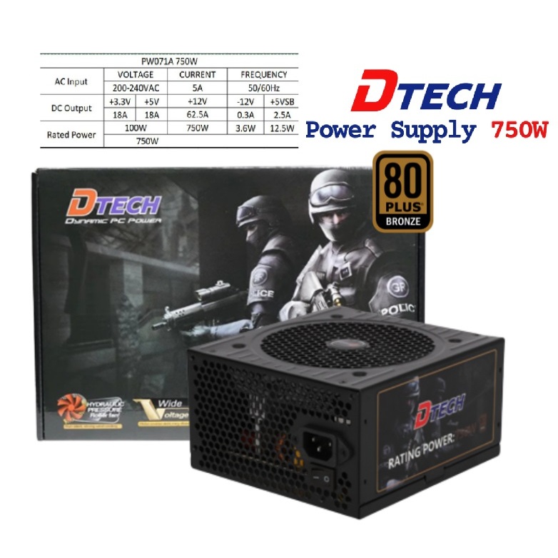 DTECH รุ่น Power Supply 750W (80 Plus Bronze) รุ่น PW071A ปรับความเย็นอัตโนมัติ ประกันศูนย์ 3ปี