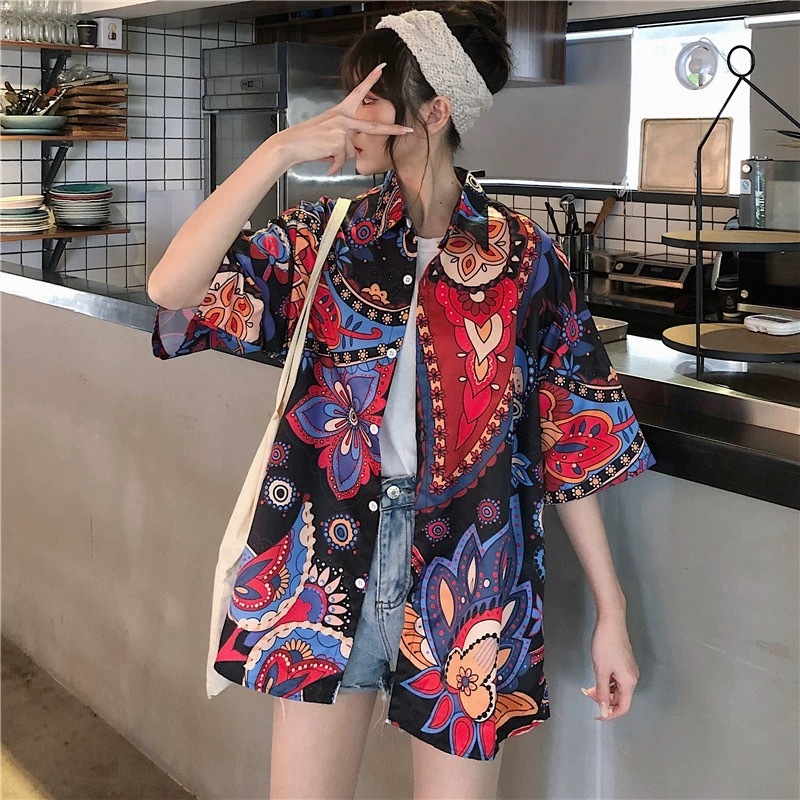 Knowyou_ เสื้อเชิ้ตแขนสั้นลายดอกไม้ปาเต๊ะ งานนำเข้าผ้าไหมอีตาลีสีสันสดใส M-2XLพร้อมส่ง