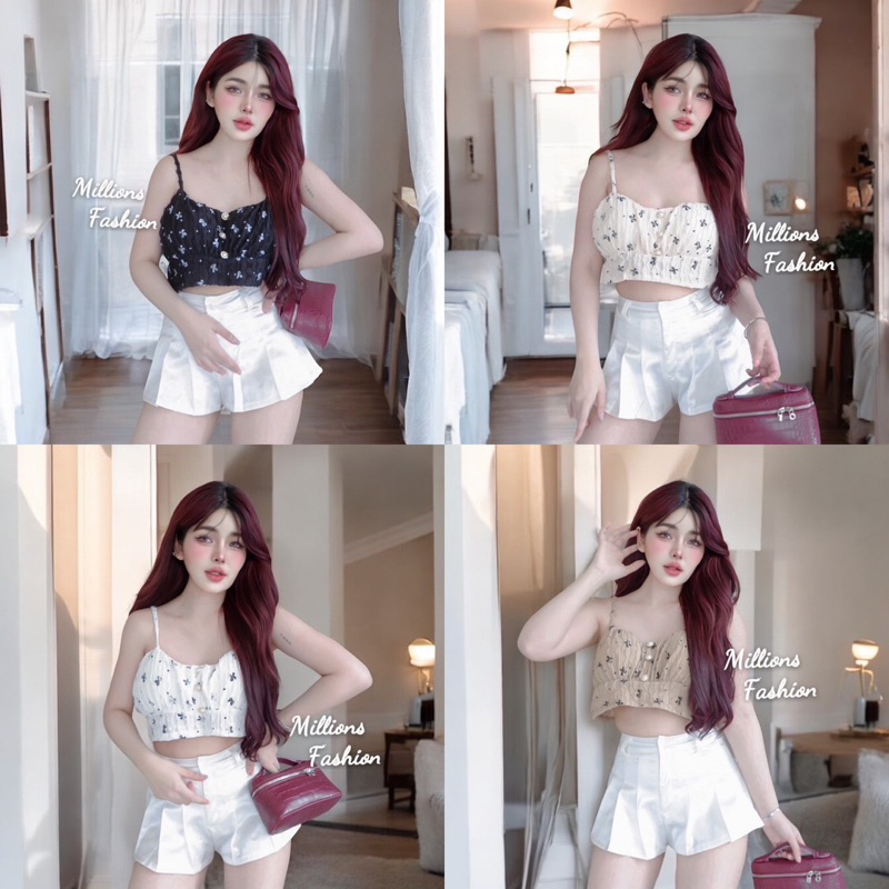 Kaidee99 เสื้อครอป สายเดี่ยว แต่งกระดุมทอง ผ้าลูกไม้ลายโบว์ เสริมฟองน้ำในตัว ผ้าเด้งนุ่ม ยืดหยุ่น สวยเซ็กซี่มากค่ะ