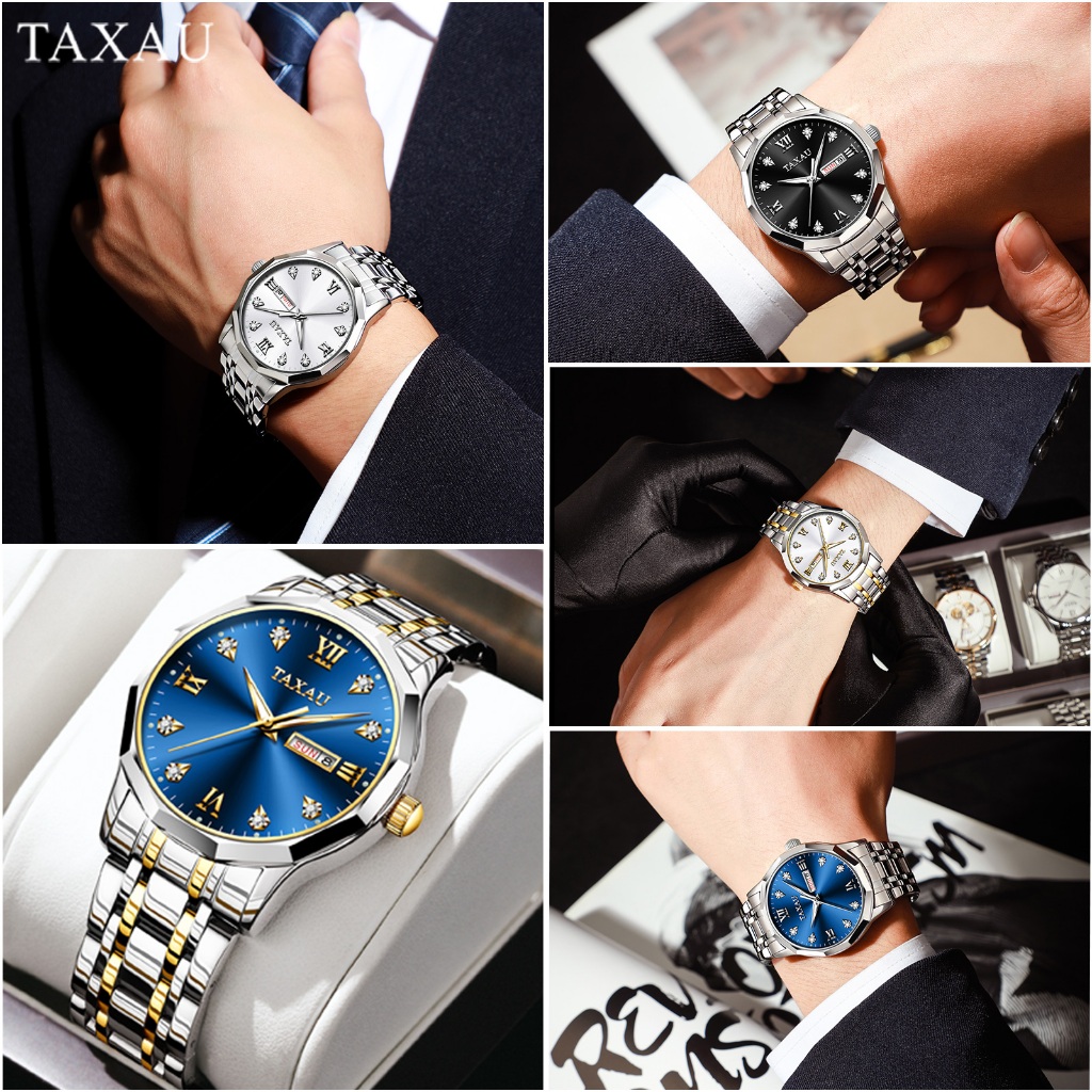 TAXAU นาฬิกาผู้ชาย กันน้ำ 100% แท้ เรืองแสง พร้อมปฏิทิน เรียบง่ายและมีสไตล์ นาฬิกาควอตซ์ สไตล์ธุรกิจ นาฬิกาข้อมือผู้ช