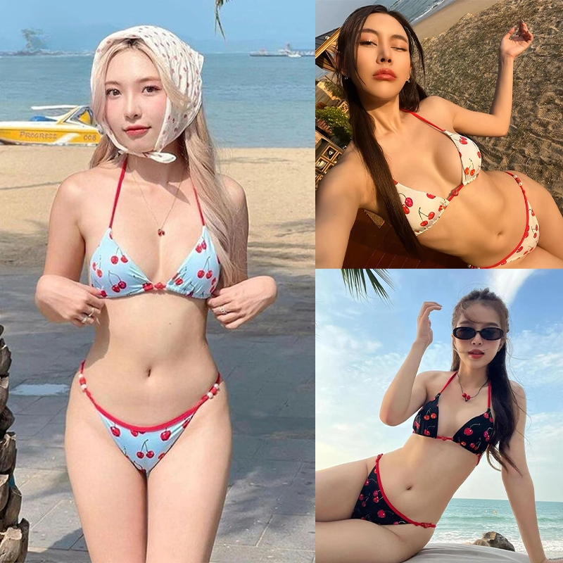 BIKINI บิกินี่เชอร์รี ชุดว่ายน้ำ bikini 2ชิ้น ลายเชอร์รี่ สไตล์เซ็กซี่ ผูกคอ