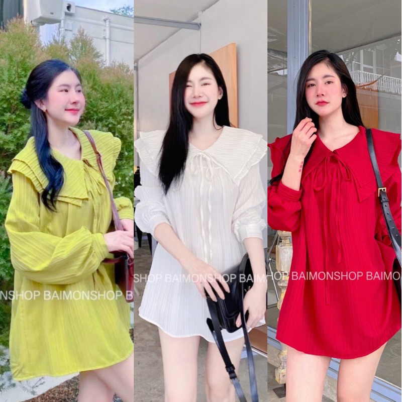 aimorn_shop มินิเดรส คอบัว2ชั้น คอปกแขนยาว งานสวยเก๋ดูดี ดูแพงมากกกตะโตนเลยยย!