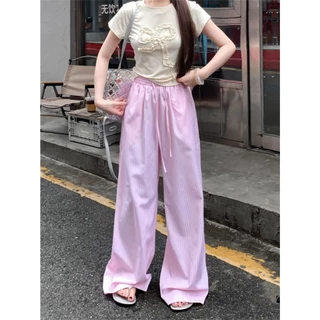 กางเกงลายริ้ว กางเกงขายาว ทรงหลวม ผ้าเย็นสบาย สาวอวบใส่ได้ #191123