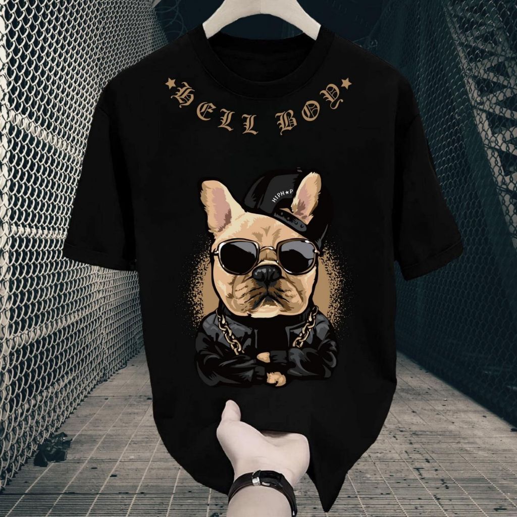 hell dog โอเวอร์ไซส์ สไตล์อเมริกัน สไตล์ฮิปฮอป สไตล์ถนน ชุดคู่ การ์ตูน คอกลม เสื้อยืด ใส่สบาย ระบายอากาศได้ S-3XL 【VT】