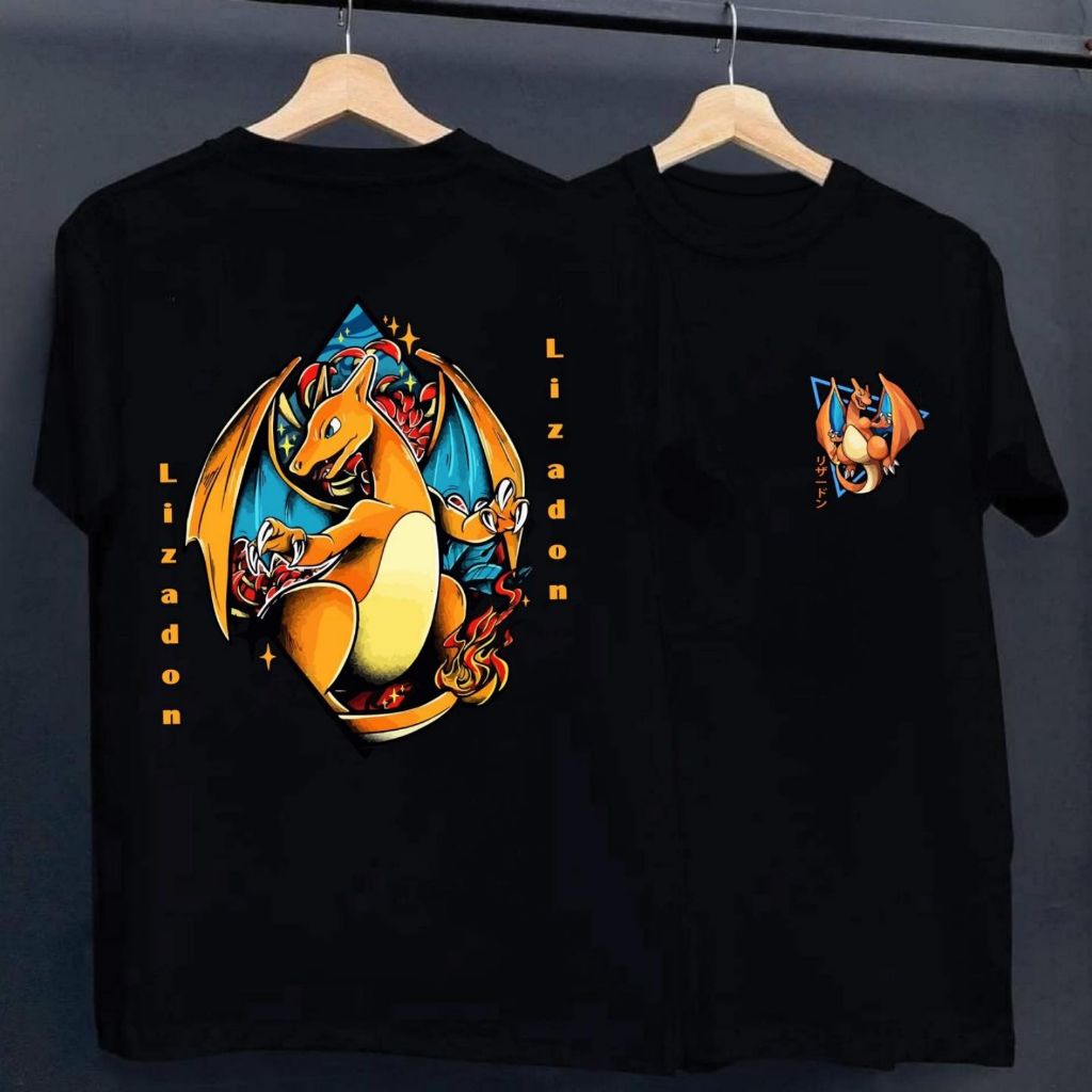 Pokémon Lizadon โอเวอร์ไซส์ สไตล์ญี่ปุ่น การ์ตูน ผู้ชาย คอกลม แขนสั้น เสื้อยืด สีดำ สีขาว อ่อนนุ่ม ใ