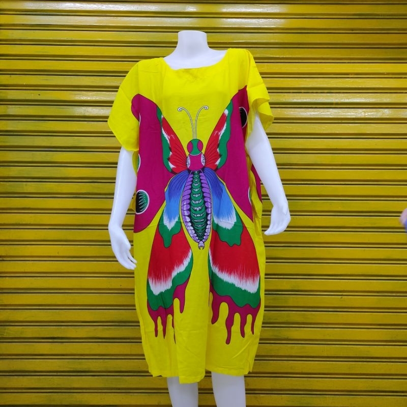 พร้อมส่ง ชุดนอนกระโปรงค้างคาว ผ้าเรย่อนลายผีเสื้อ(รอบอก56นิ้ว.ยาว107cm)