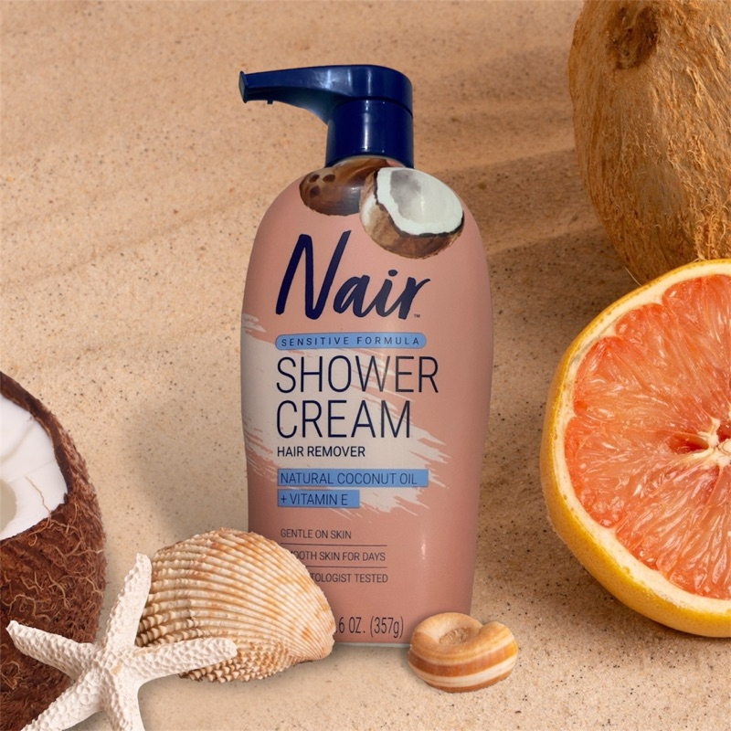 ของแท้100% Nair hair remover sensitive formula shower cream natural coconut oil+vitamin e 357g.