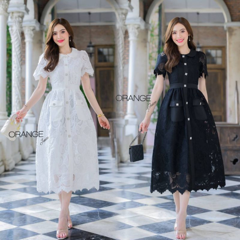 เดรสลูกไม้ดำออกงาน!!! S-5XL Maxi Dress เดรสสาวอวบ,เดรสสีดำผ้าฉลุลายแขนสั้นแต่งกระดุมหน้า งานป้าย Orange Juice