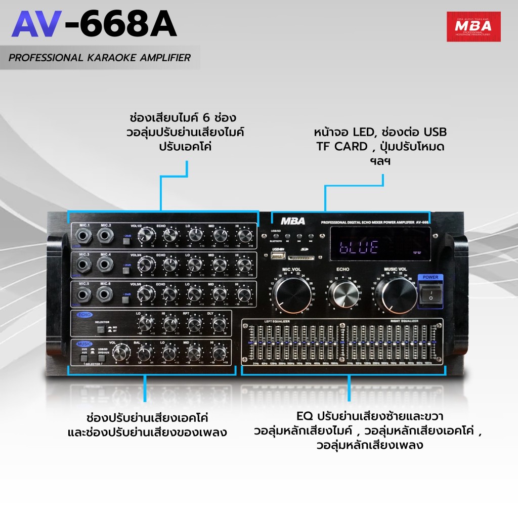 MBA AUDIO THAILAND แอมป์ขยายเสียง รุ่น AV-668A กำลังขับ 700วัตต์ ขับลำโพง เครื่องขยายเสียง บลูทูธ Amplifier คาราโอเกะ