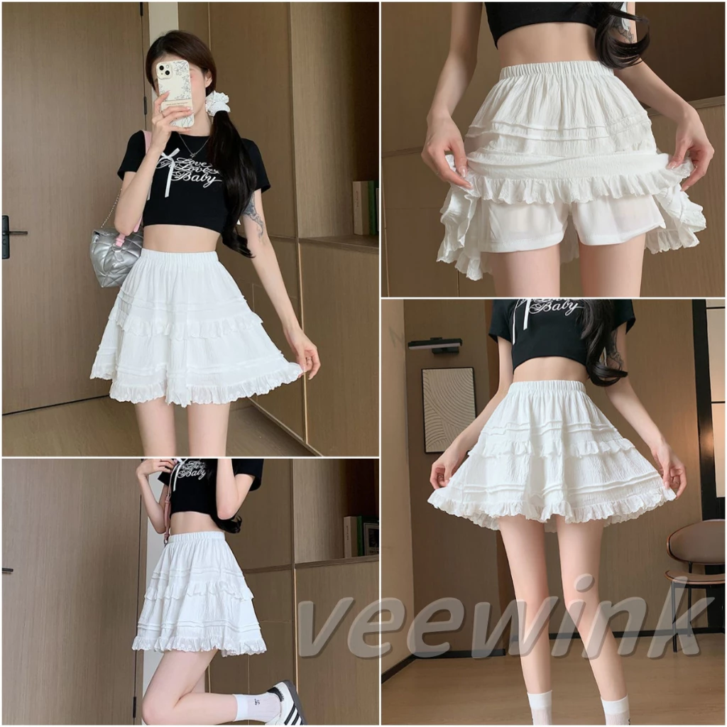 Veewink พร้อมส่งจากกทม กระโปรงพลีทบัลเล่ต์ เอวยางยืด กระโปรงจีบสีขาว สไตล์เจ้าหญิง แฟชั่นฤดูร้อน