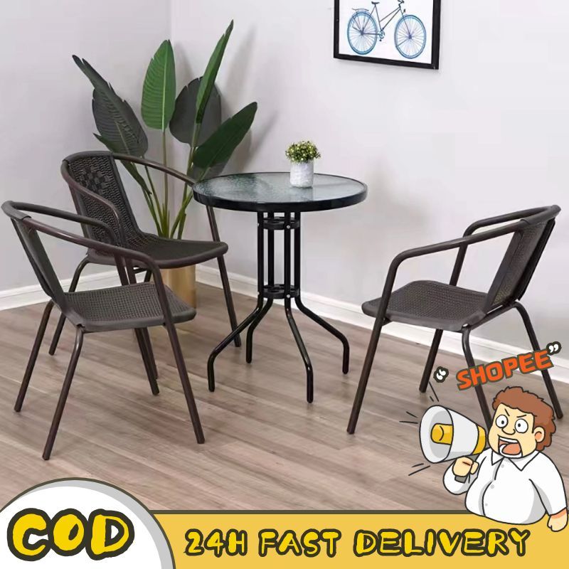 CAIY🌟(มีพร้อมส่ง) ชุดโต๊ะเก้าอี้หวายเทียม Outdoor table ท็อปโต๊ะกระจก เฟอร์นิเจอร์กลางแจ้ง