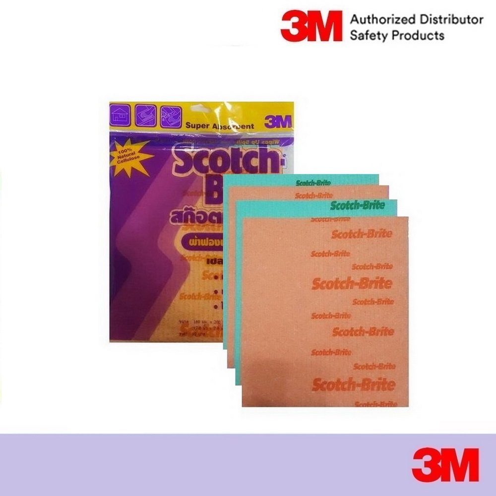 3M ผ้าฟองน้ำอเนกประสงค์ 7x7.8x0.2 นิ้ว (4แผ่น/แพ็ค) Super Absorbent Cellulose 100%