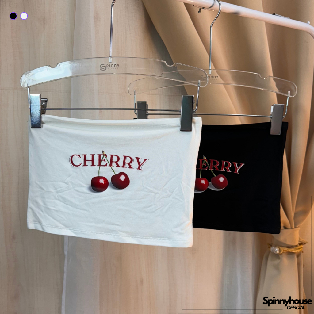 🌈SpinnyHouse🌈ครอปเกาะอก สกรีนลายเชอร์รี่ 🍒 ผ้าเรย่อน บางใส่สบายยืดเยอะ แมตช์ลุคง่ายสุด รุ่น เกาะอกสกรีนCHERRY