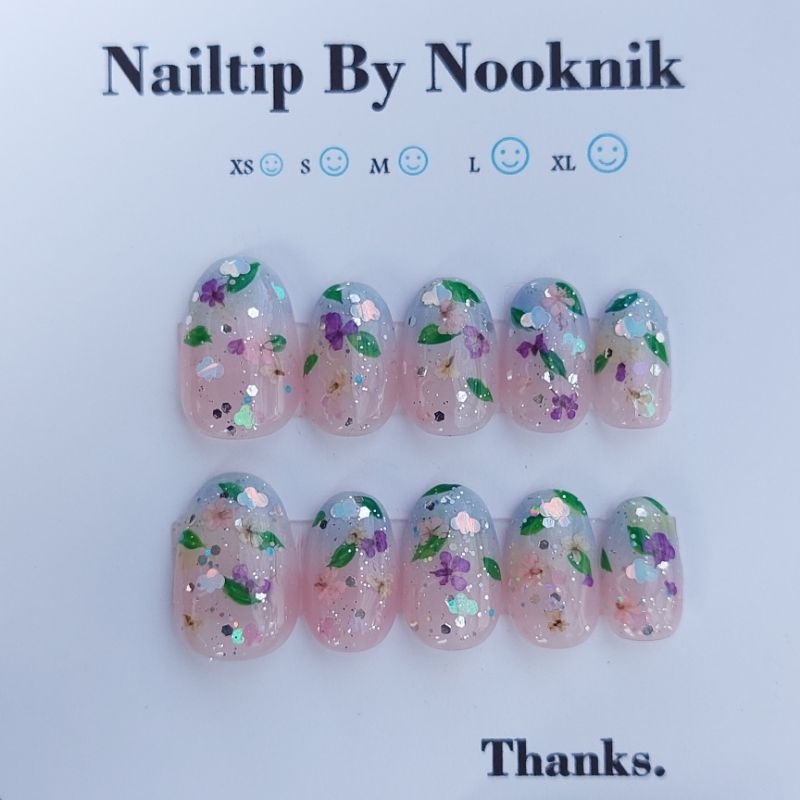 New!🌵 เล็บลายดอกไม้ชมพู-ม่วง แต่งกลิตเตอร์เมฆ☁ (พร้อมกาวหลอดชมพู+ตะไบจิ๋ว)