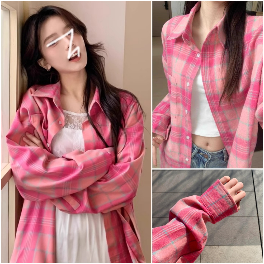 MCB145 🍦เชิ้ตใส่คลุมรุ่นกระเป๋าข้าง🍦 เชิ้ตสไตล์เท่ๆสำหรับผู้หญิงลายสก็อตกระดุมหน้าแขนยาว แฟชั่นฤดูร้อนสีชมพูสวยๆ อก38
