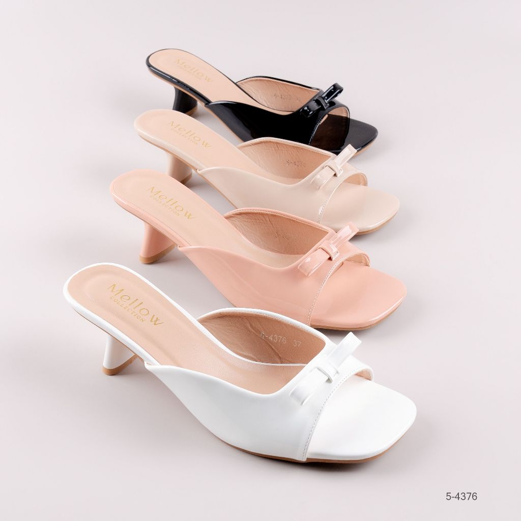 Mellow Co. รองเท้าเปิดส้น หนังแก้ว สูง2นิ้ว ทรงหัวตัด เปิดหน้าเท้า สายคาดโบว์ ส้นแบบเฉียง รุ่น Call Me Tulip 5-4376